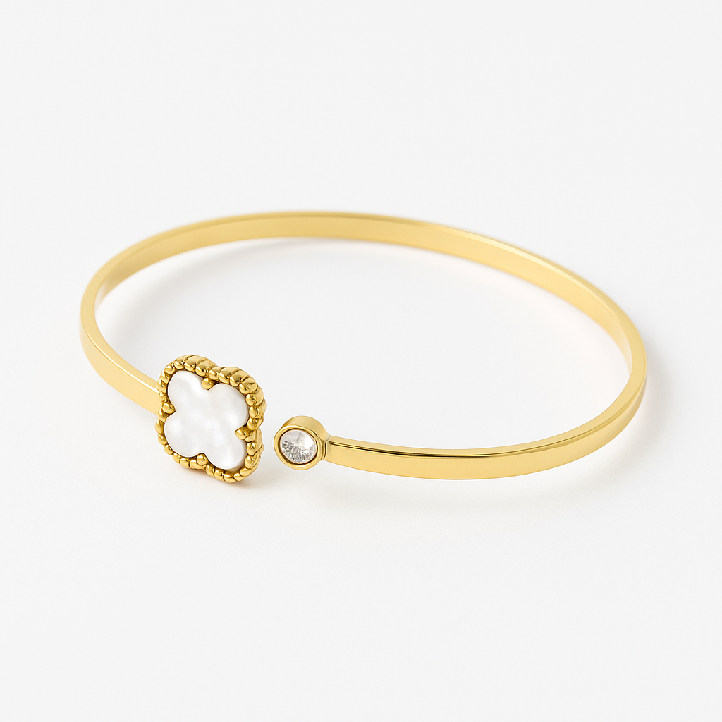 Luna Clover Cuff – White Enamel & Crystal Accent in Polished Gold