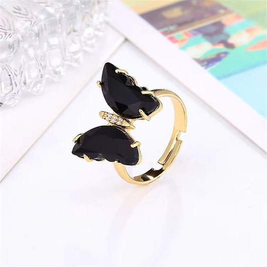 Noir Papillon Adjustable Butterfly Ring – Black Enamel with Gold Detailing