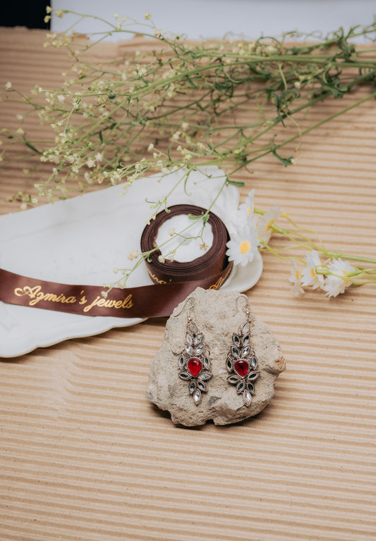 Vintage Red Gem & Crystal Leaf Dangle Earrings