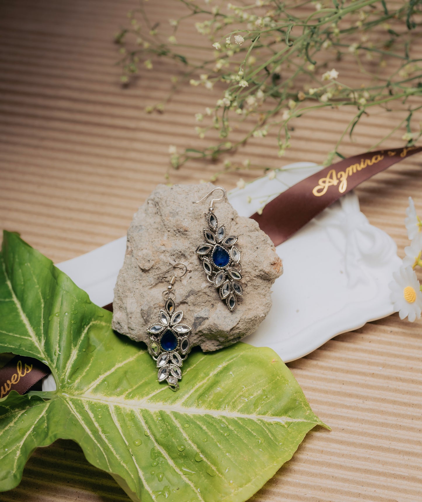 Royal Blue Nug & Crystal Leaf Dangle Trending Earrings