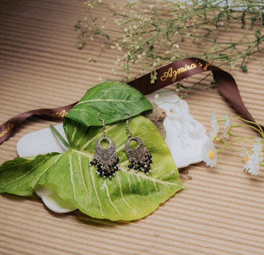 Antique Silver Jhumka Earrings with Black Bead Detailing – Azmira’s Jewels