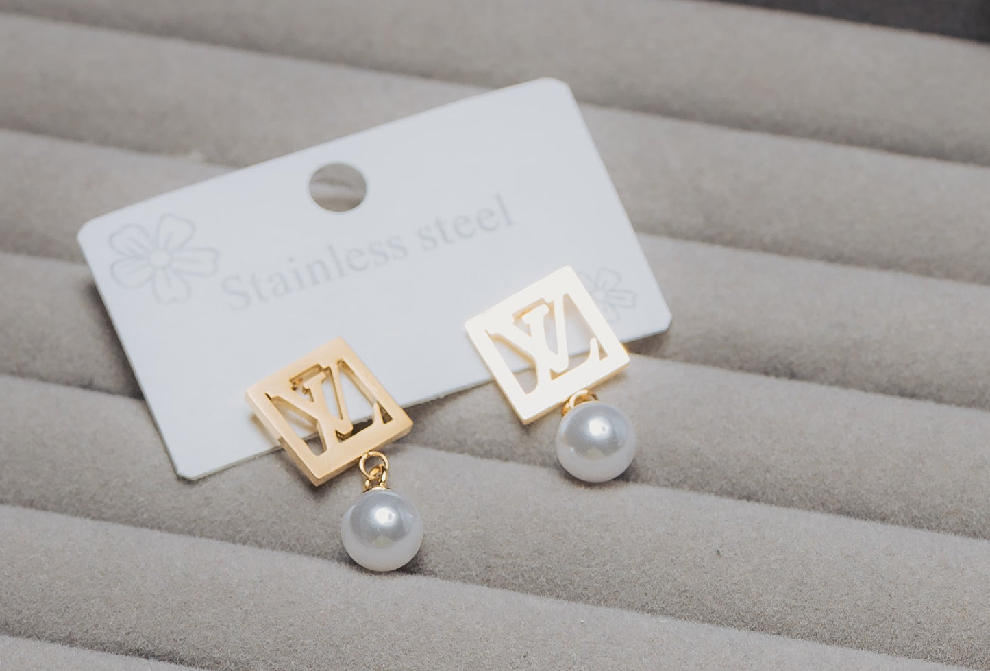 LV Inspired Pearl Earrings Stud Earrings with Pearl Drop – Stainless Steel | Azmira’s Jewels