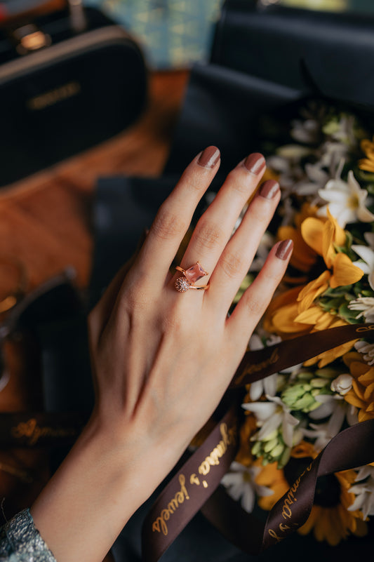 Blush Radiance Dual Stone Ring – Rose Gold Statement Elegance