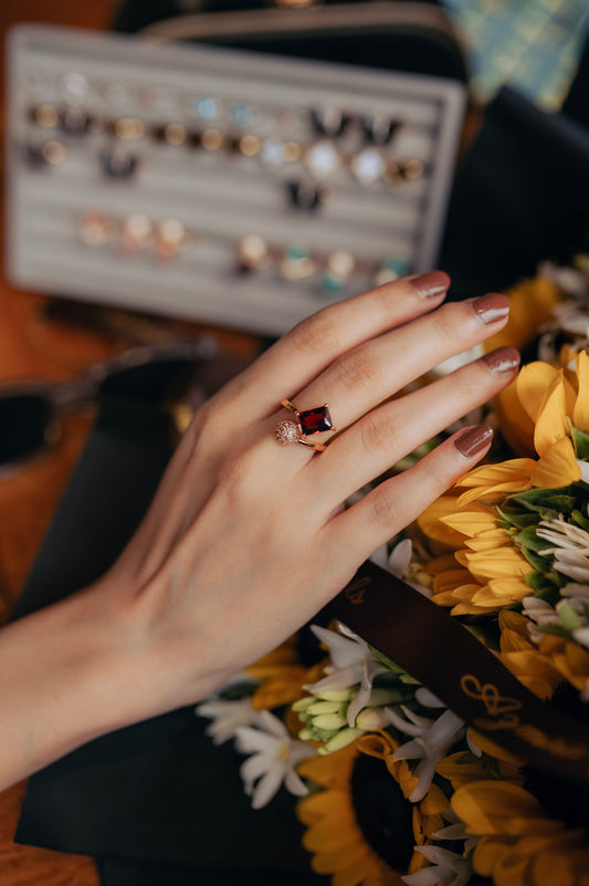 Crimson Bloom Open Ring – Deep Garnet Red