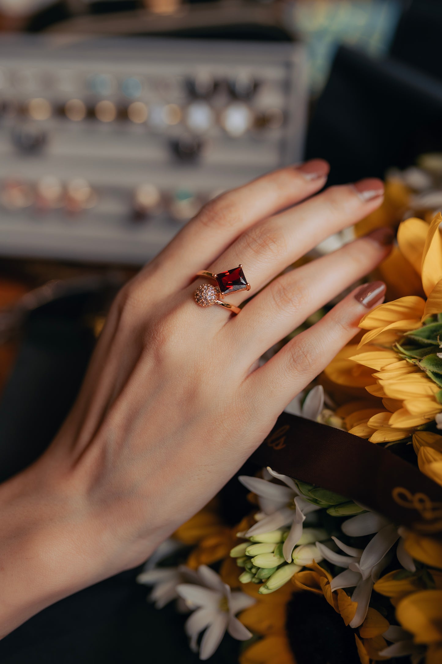 Crimson Bloom Open Ring – Deep Garnet Red