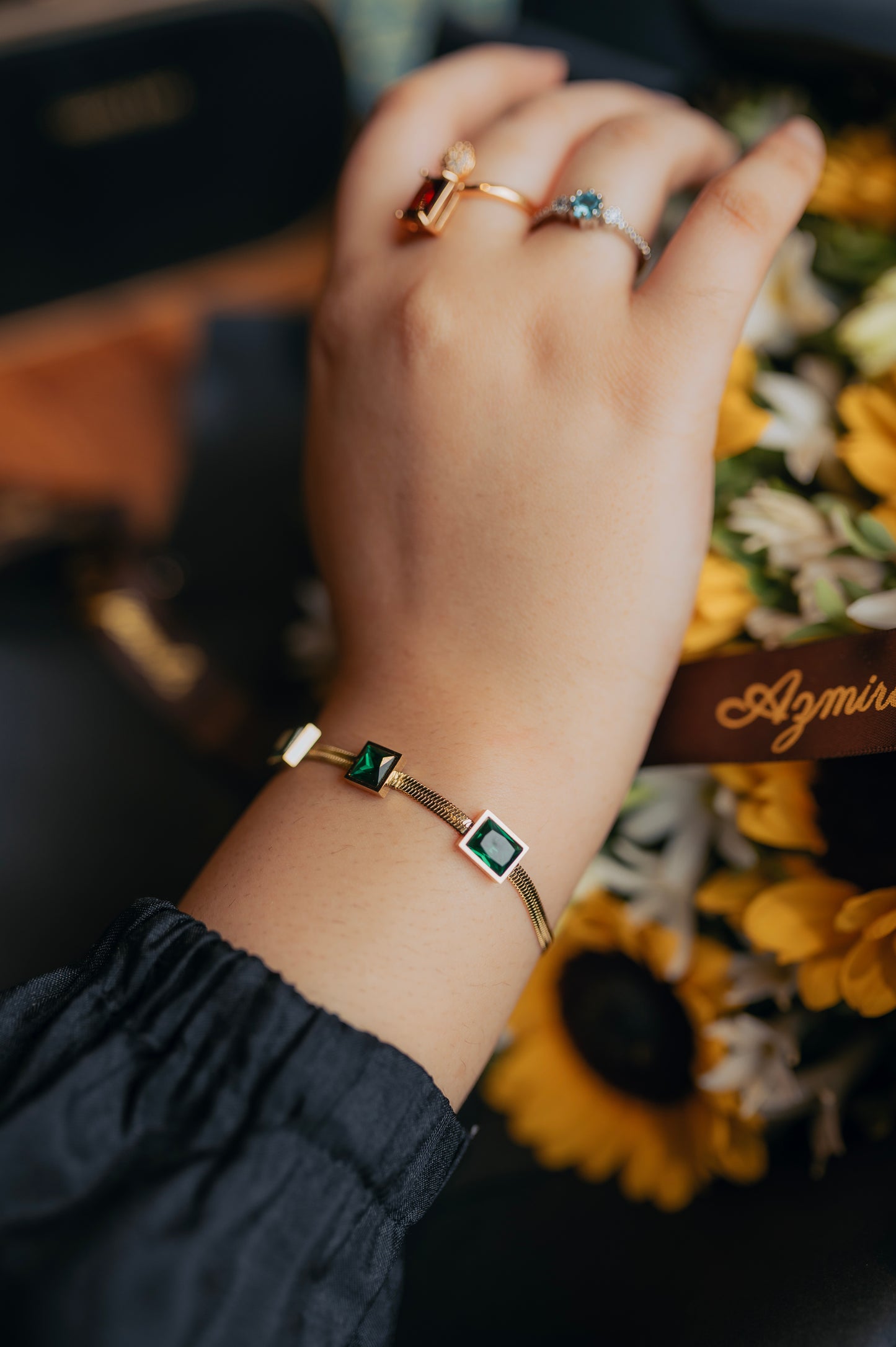 Emerald Edge Rectangle Charm Bracelet – Gold Snake Chain with Green Gemstones