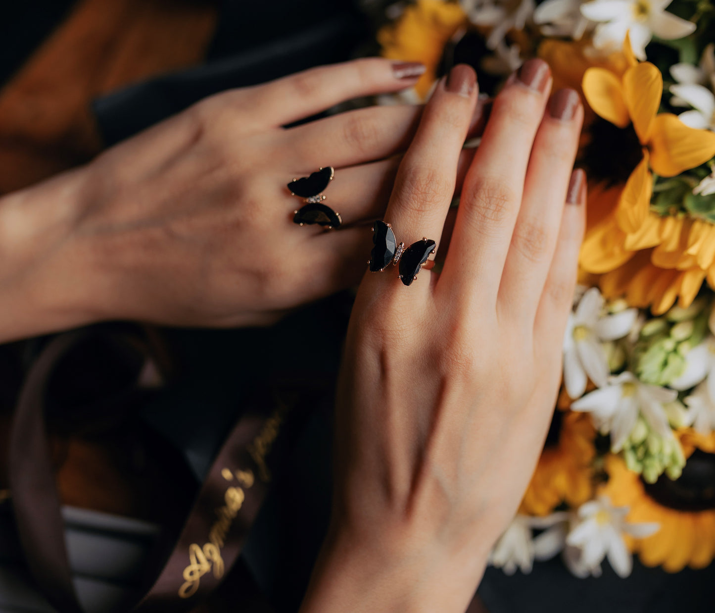 Noir Papillon Adjustable Butterfly Ring – Black Enamel with Gold Detailing