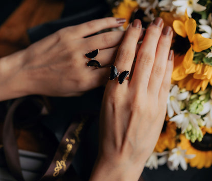Noir Papillon Adjustable Butterfly Ring – Black Enamel with Gold Detailing