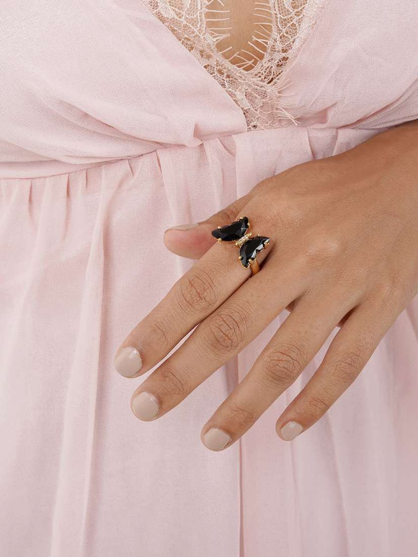 Noir Papillon Adjustable Butterfly Ring – Black Enamel with Gold Detailing