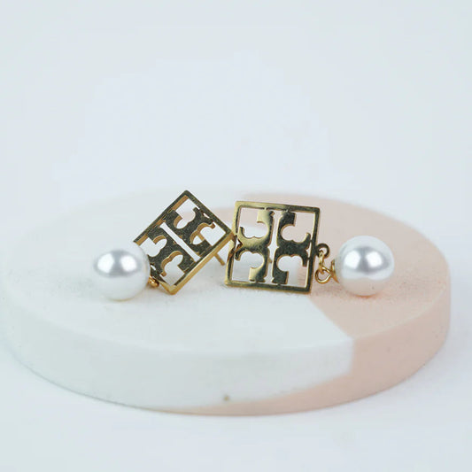 Tory Burch Inspired Gold Square Stud Earrings with Pearl Drop – Stainless Steel