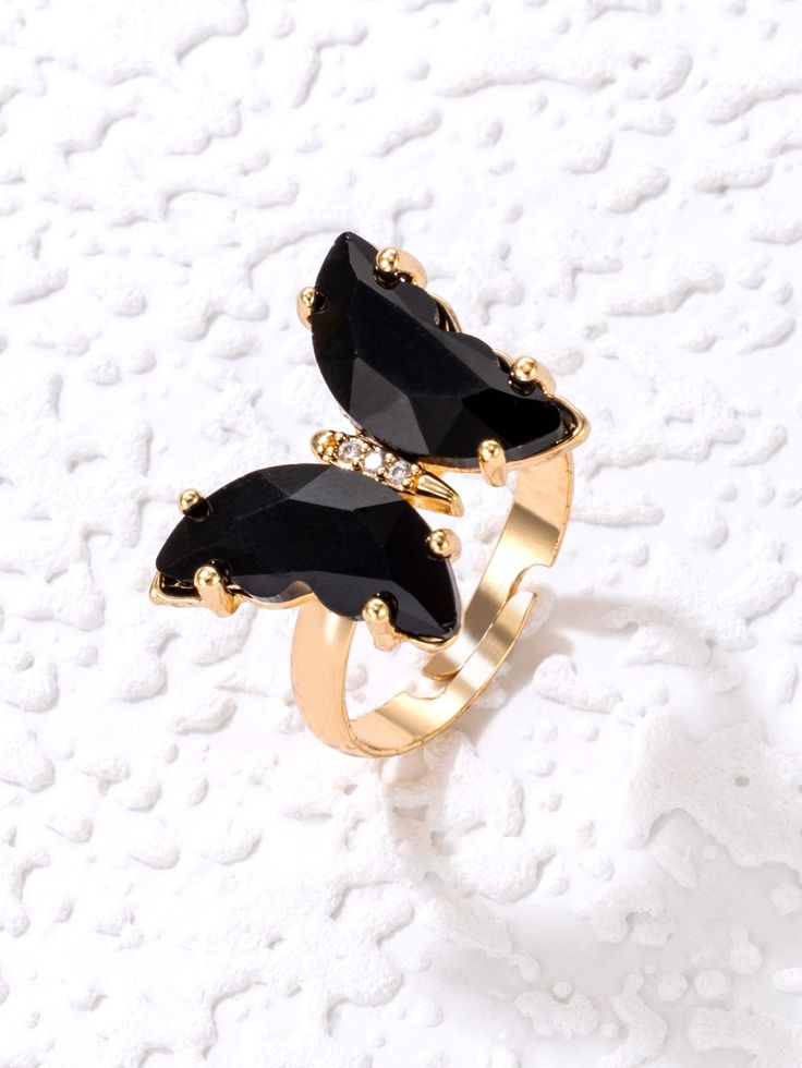 Noir Papillon Adjustable Butterfly Ring – Black Enamel with Gold Detailing