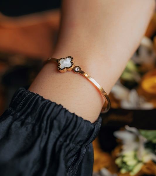 Luna Clover Cuff – White Enamel & Crystal Accent in Polished Gold