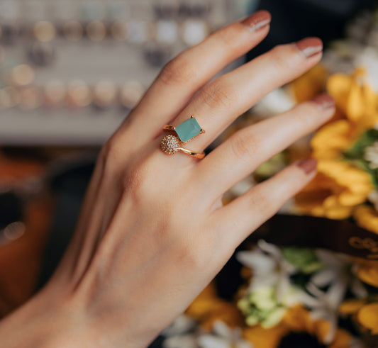 Dual Spark Open Ring – Blush Pink, Teal Green & Garnet Red | Adjustable Rose Gold Statement Ring