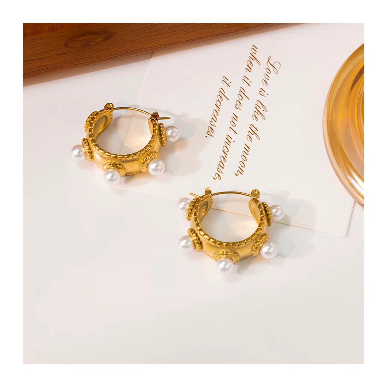 Crystal Golden Hoops With White Pearls