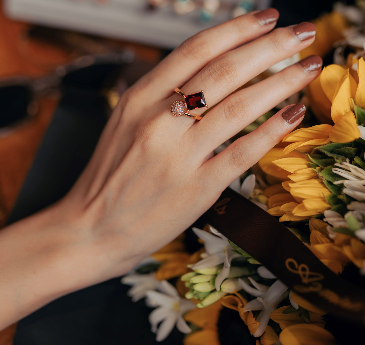 Dual Spark Open Ring – Blush Pink, Teal Green & Garnet Red | Adjustable Rose Gold Statement Ring