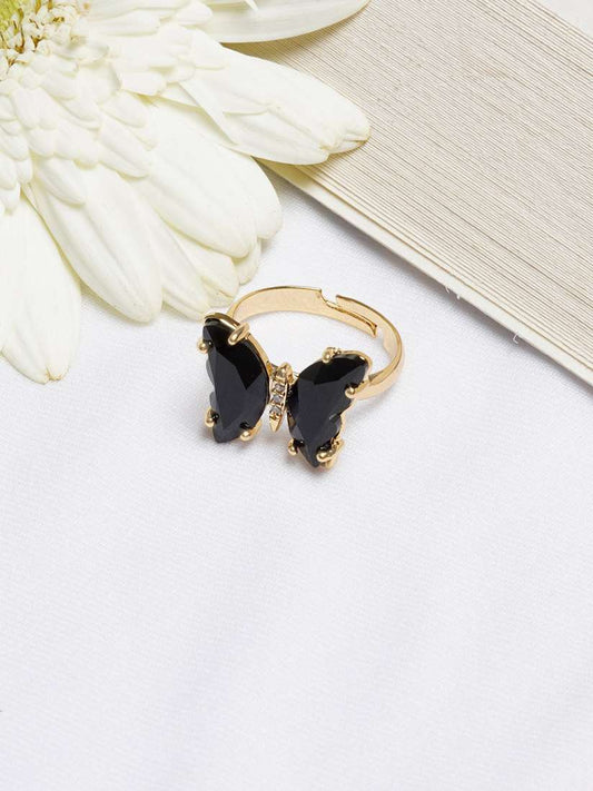 Noir Papillon Adjustable Butterfly Ring – Black Enamel with Gold Detailing