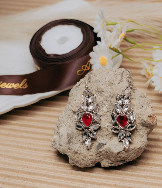 Vintage Red Gem & Crystal Leaf Dangle Earrings