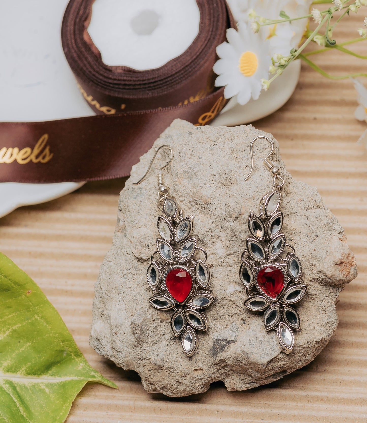 Vintage Red Gem & Crystal Leaf Dangle Earrings