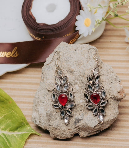 Vintage Red Gem & Crystal Leaf Dangle Earrings