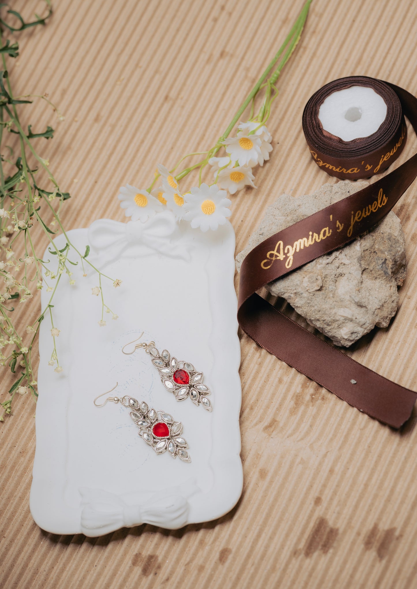 Vintage Red Gem & Crystal Leaf Dangle Earrings
