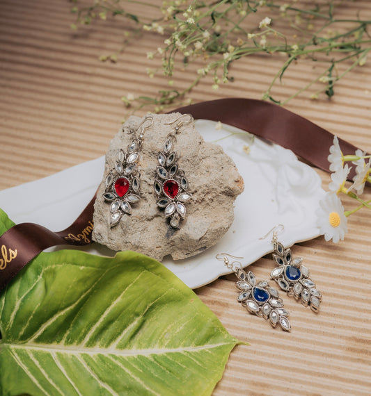 Vintage Leaf Earrings with Red & Blue Center Gems – Statement Crystal Dangles