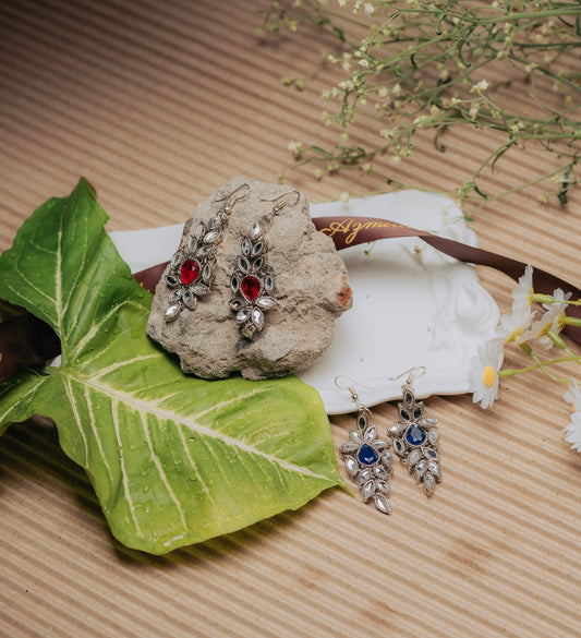 Vintage Leaf Earrings with Red & Blue Center Gems – Statement Crystal Dangles