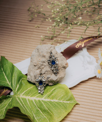 Royal Blue Nug & Crystal Leaf Dangle Trending Earrings