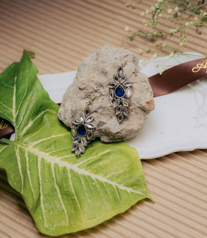 Royal Blue Nug & Crystal Leaf Dangle Trending Earrings