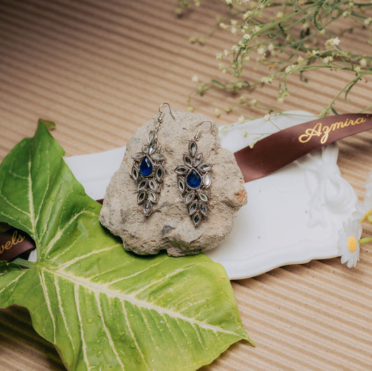Royal Blue Nug & Crystal Leaf Dangle Trending Earrings