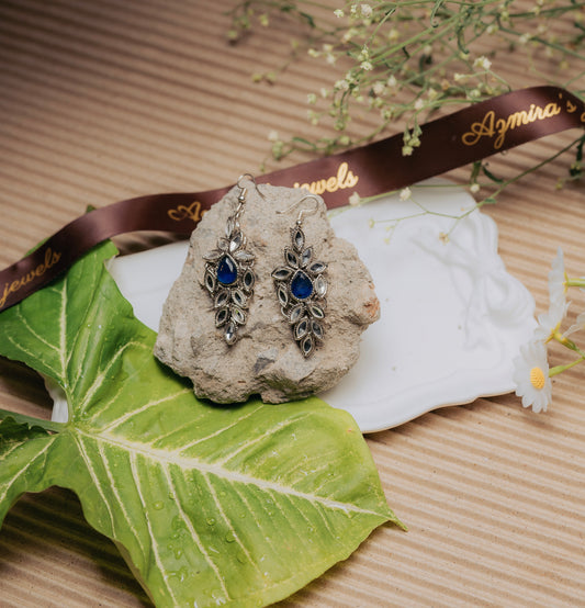 Royal Blue Nug & Crystal Leaf Dangle Trending Earrings