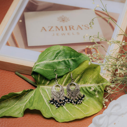 Antique Silver Jhumka Earrings with Black Bead Detailing – Azmira’s Jewels