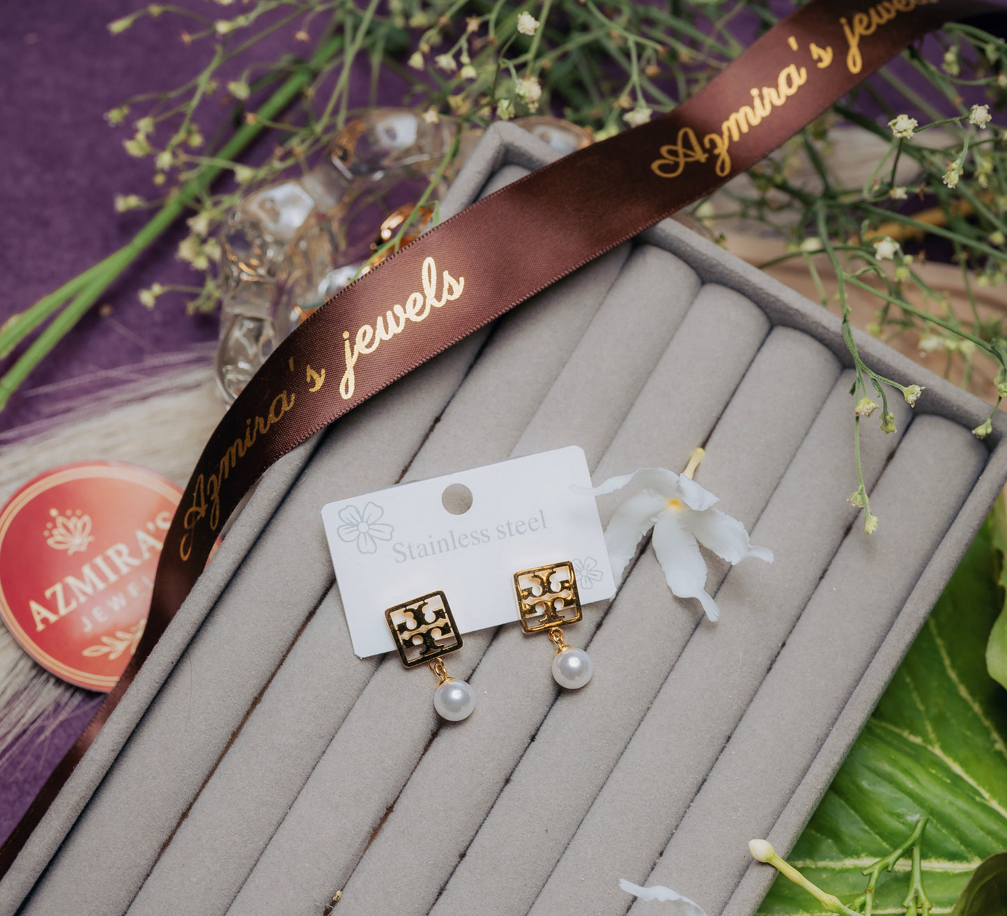 Tory Burch Inspired Gold Square Stud Earrings with Pearl Drop – Stainless Steel