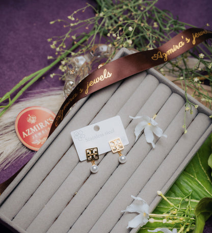 Tory Burch Inspired Gold Square Stud Earrings with Pearl Drop – Stainless Steel