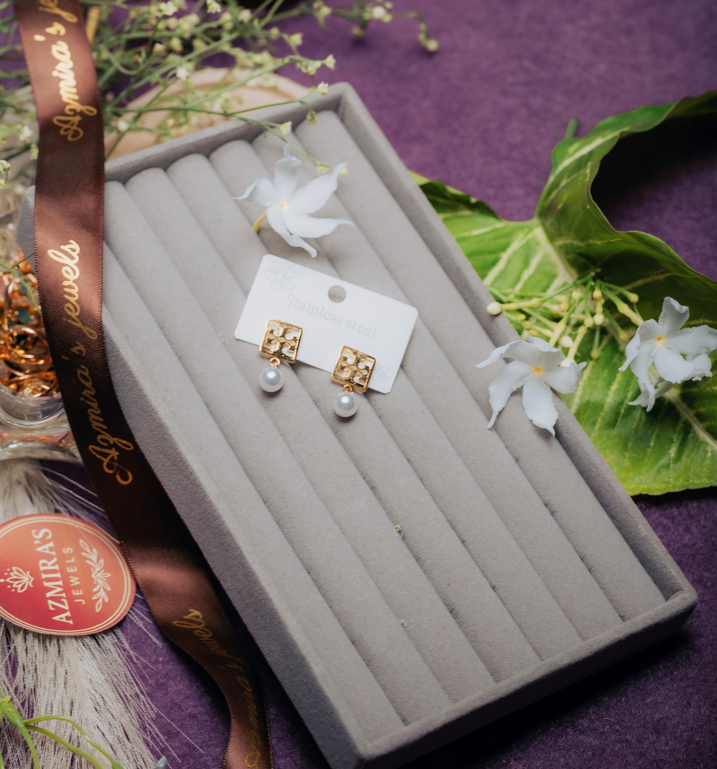 Tory Burch Inspired Gold Square Stud Earrings with Pearl Drop – Stainless Steel