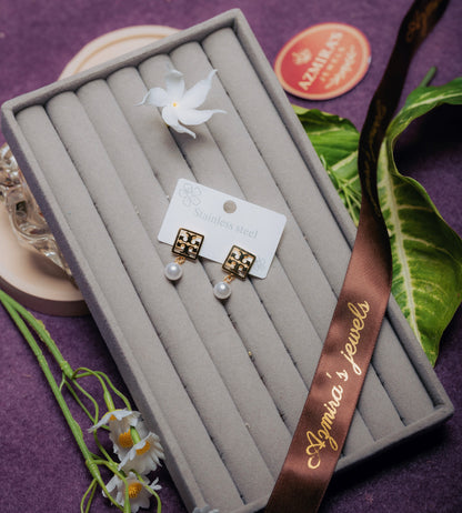 Tory Burch Inspired Gold Square Stud Earrings with Pearl Drop – Stainless Steel