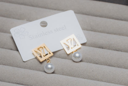 LV Inspired Pearl Earrings Stud Earrings with Pearl Drop – Stainless Steel | Azmira’s Jewels