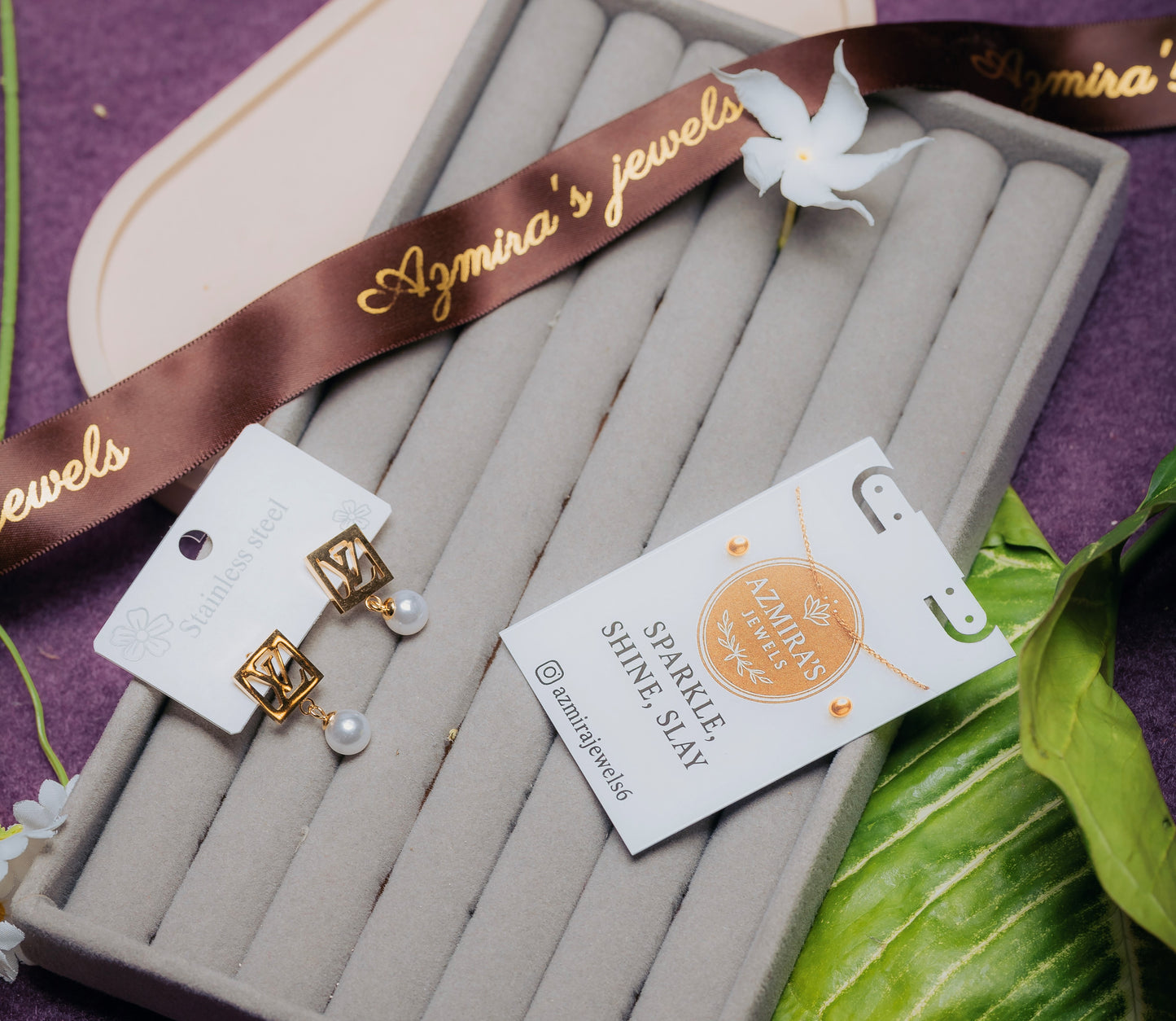 LV Inspired Pearl Earrings Stud Earrings with Pearl Drop – Stainless Steel | Azmira’s Jewels