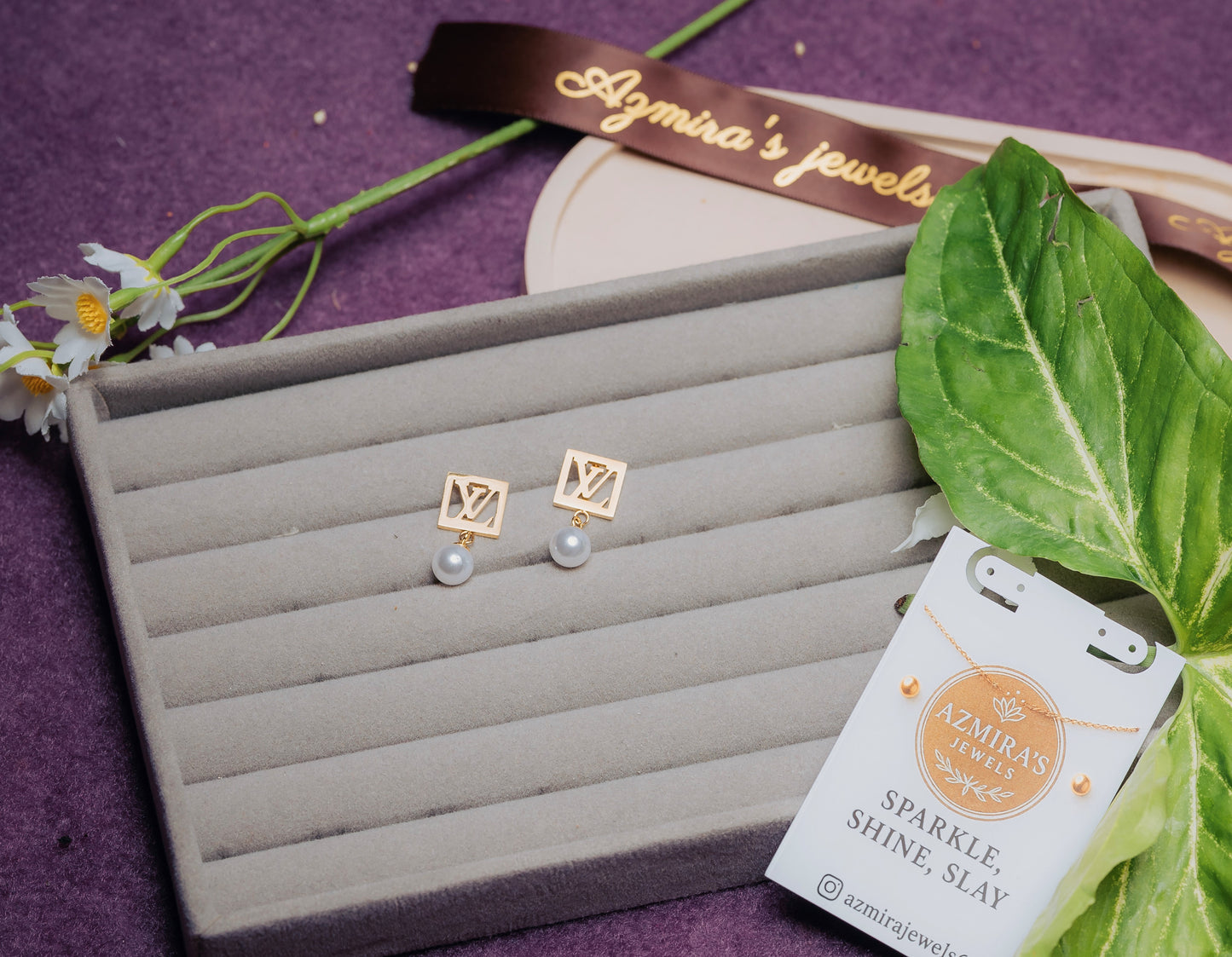 LV Inspired Pearl Earrings Stud Earrings with Pearl Drop – Stainless Steel | Azmira’s Jewels