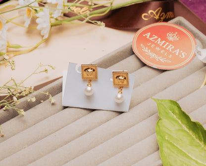 Hermès-Inspired Gold Stud Earrings with Pearl Drop – Stainless Steel