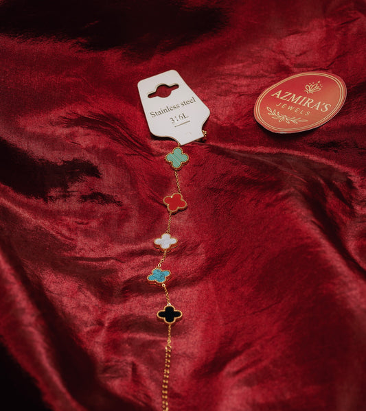 Lucky Clover Enamel Bracelet – Multicolor Floral Charms in Gold Finish