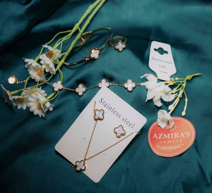 White Clover Jewelry Set – Necklace, Bracelet, Ring & Earrings | Stainless Steel
