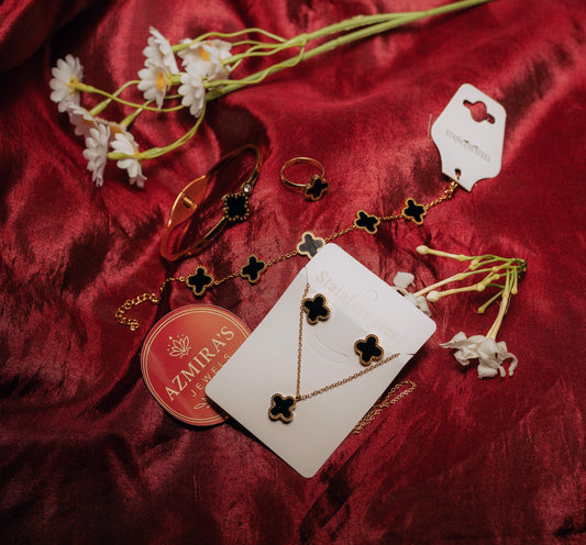 Black Clover Jewelry Set – Necklace, Bracelet, Ring & Earrings | Stainless Steel