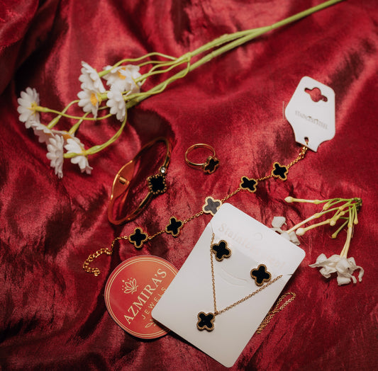 Black Clover Jewelry Set – Necklace, Bracelet, Ring & Earrings | Stainless Steel