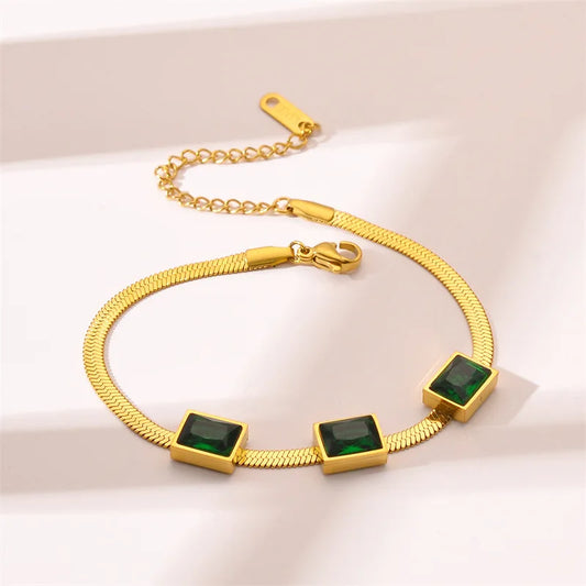 Emerald Edge Rectangle Charm Bracelet – Gold Snake Chain with Green Gemstones