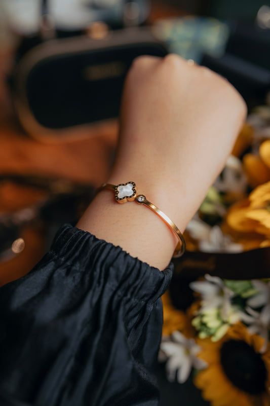 Luna Clover Cuff – White Enamel & Crystal Accent in Polished Gold