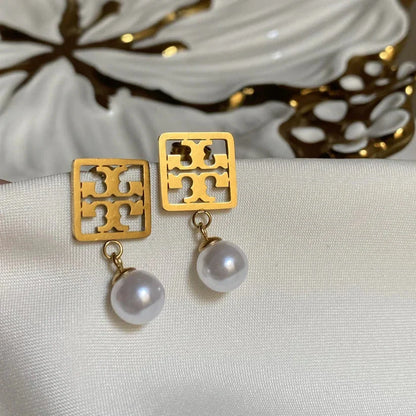 Tory Burch Inspired Gold Square Stud Earrings with Pearl Drop – Stainless Steel